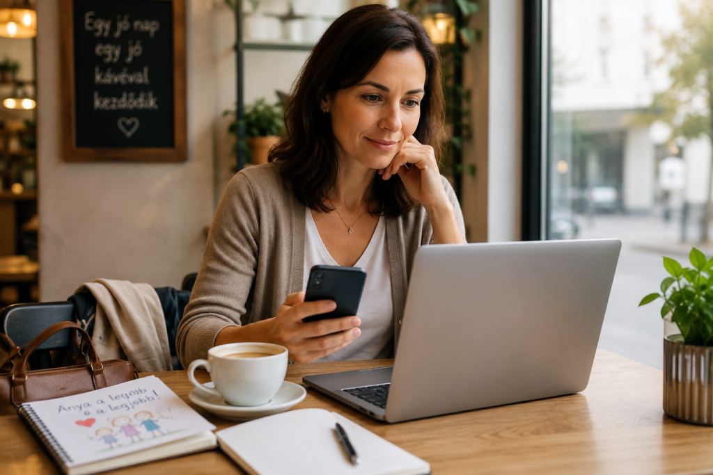 Egyedülálló magyar szülő biztonságos online társkereséshez készíti a profilját egy világos kávézóban